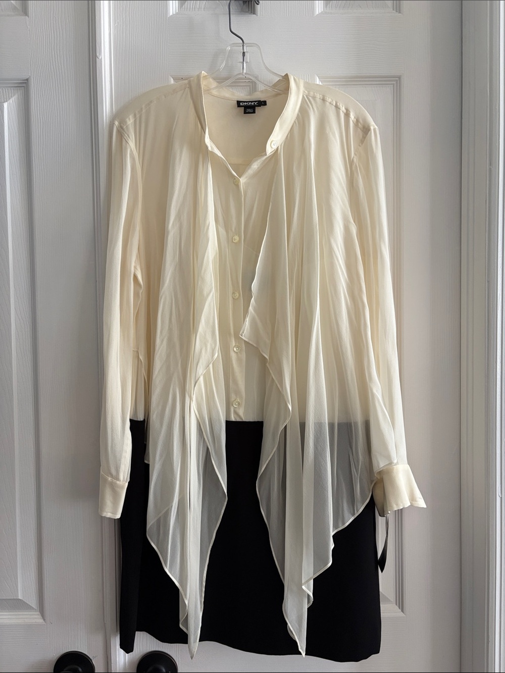 DKNY Cream Black Combo Colorblock Scarf Shirt Silk Dress Women’s Large NWT $325